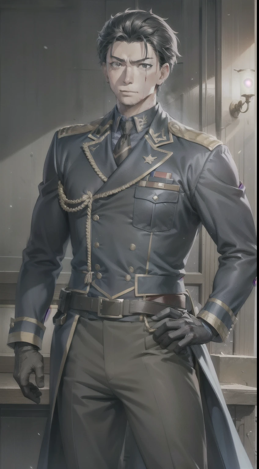 Hector Fay, Ultra high quality cg, The Second Dimension,Anime style,one person(男soldier),Correct proportions,Facial details,soldier,Short hair,Neck details,(Active attention),(在黑暗的night:1),(Best quality),(honest:1),Record,Realistic skin texture,Very detailed,8k wallpaper,Volumetric Lighting,Dynamic Lighting,A man,黑色Short hair,tie,shirt,military uniform,Military Pants,Long combat boots,Waist protector,Gloves,Antique Chinese style,Attack Stance,Blood,The clothes are torn,Frequent wars,night,drama,Rich image details,carol,Light,The costumes are complicated,Perfect composition,Refinement,high quality,Higher details,Lots of details,Complex background,Sense of atmosphere,Game quality,fencing,Light线追踪,Light线追踪,细腻的Light芒,CG Rendering,Hair details,