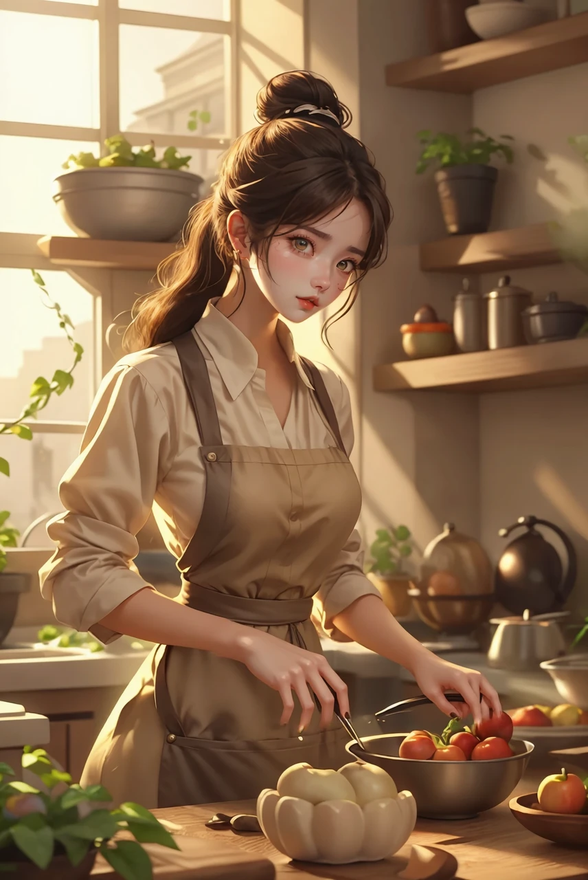 An imaginative and heartwarming depiction of a dream girlfriend, envisioned as a loving partner and lifelong companion, cooking in the kitchen. She radiates a sweet and comforting smile that brightens the room, creating a sense of joy and tranquility. Her smile is so enchanting that it can make all worries fade away. She embodies wisdom, beauty, and a diligent character. Her attire is casual yet feminine, suitable for cooking, with her hair tied back neatly. The kitchen setting is homely and well-equipped, filled with the aroma of delicious food. The overall style is a blend of realism and a touch of whimsy, capturing the essence of a sweet, hardworking girl in a domestic, loving environment, high details, super detail, highres, (Super high saturation, bright and vivid colors), (best quality, masterpiece, Representative work, official art, Professional, 8k)