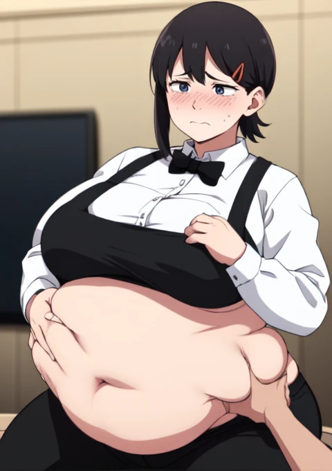 (masterpiece, best quality), 1girls, big belly, blurry background, huge belly, art by kipteitei, round belly, chubby, curvy, short hair, hair pin, black hair, kobeni, black pants, in a living room , gradient_background, belly bursting out of white button down shirt,(((black apron, wearing black bow tie, white button up shirt, black suit pants, her pants have holes in them))), long sleeves, wearing a black bow tie, enormous belly, fat belly, thicc, bigger belly, really big belly, jiggly belly, giant huge belly, big enormous belly, ((((gigantic belly)))), bloated belly, fat belly, ginormous big belly, expanding big belly, sfw, safe for work, sitting on a sofa, sfw (safe for work), kobeni, (((she has an expression of embarrassment, she is nervous))), sweating, blushing, ((she is grabbing her belly)), exposed midriff 