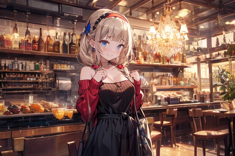 (((Masterpiece))),(((Super Detail))),(((in 8K))),(((best composition))),(((Rim lighting,Fireglow effect,deep shadow))),solo,(Hatsune Miku:1.0),Beautiful fingers,Detailed finger features,(Detailed hair features:1.7),(Dynamic and sexy bending pose:1.3),detailed facial features,detailed clothes features, (perky chest:1.1), (pointed chest:1.3), delicate beautiful face, Bright blue eyes, cute eyes, sparkling eyes, Big eyes, beautiful detailed eyes,double bun with glittering hair ornament,(super detailed glossy skin:1.3),slender body,tits,goddess smile,((with sparkling eyes and a contagious smile)),beautiful posture,have a cup of coffee,black hair, red eyes, dress, bare shoulders, jewelry, collarbone, sidelocks, hairband, earrings, indoors, off shoulder, sweater, arms behind back, plant, short hair with long locks, white hairband, off-shoulder dress, sweater dress, off-shoulder sweater, red sweater, big side hair, very long side hair,(super delicate floral pattern:1.2),seductive cleavage:1.3,beautiful glossy legs,shiny red high heels,lifting dishes with cakesd,french restaurant,hustle and bustle,rising steam,(((depth of fields)))