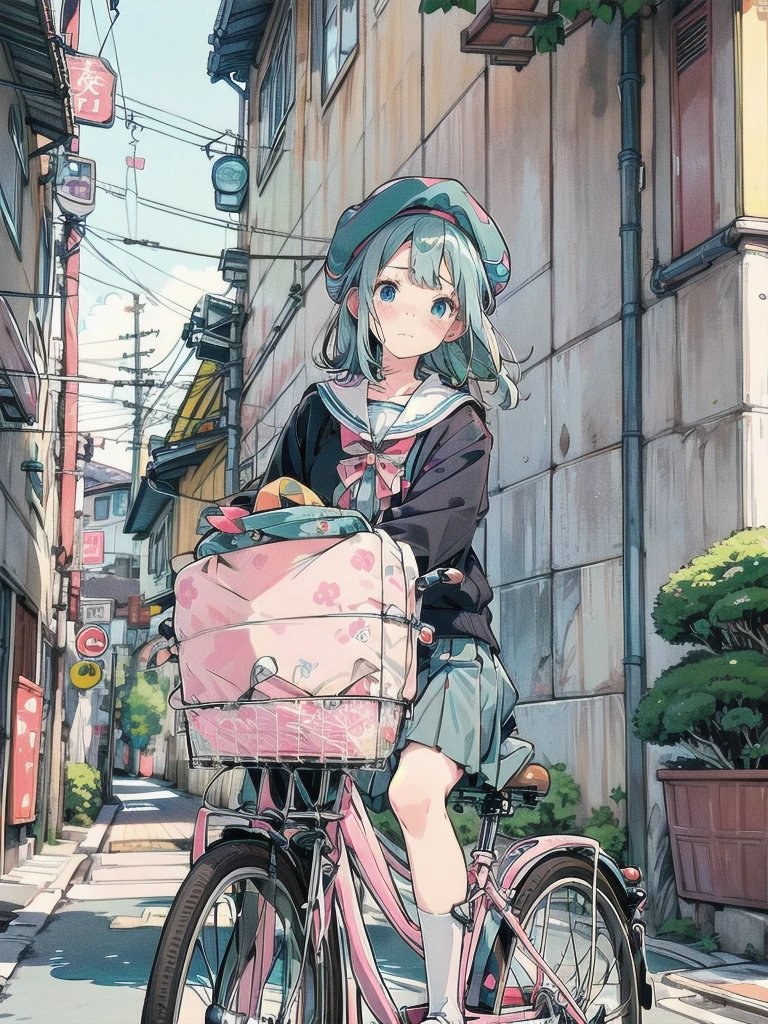 alone, very beautiful, cute, Adorable, embarrassed, alone, blue eyes, look at viewer, looking up, kawaii tech, pastel colors, kawaii, cute colors, alone, very beautiful, cute, Adorable, embarrassed, alone, blue eyes，
Fluffy beret、Stylish and sporty outfit、The bicycle is leaning against the wall.