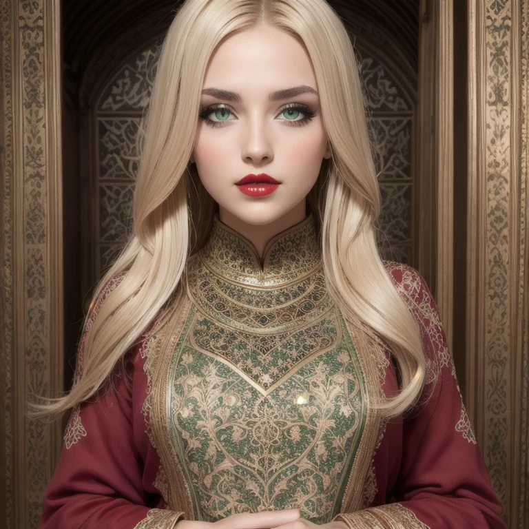  perfect face, red lips, green eyes, very super long blonde smooth hair, wearing a olive red islamic clothing with  Islamic engravings and decorations on all clothes