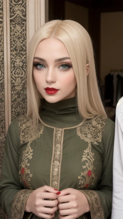  perfect face, red lips, green eyes, very super long blonde smooth hair, wearing a olive red islamic clothing with  Islamic engravings and decorations on all clothes