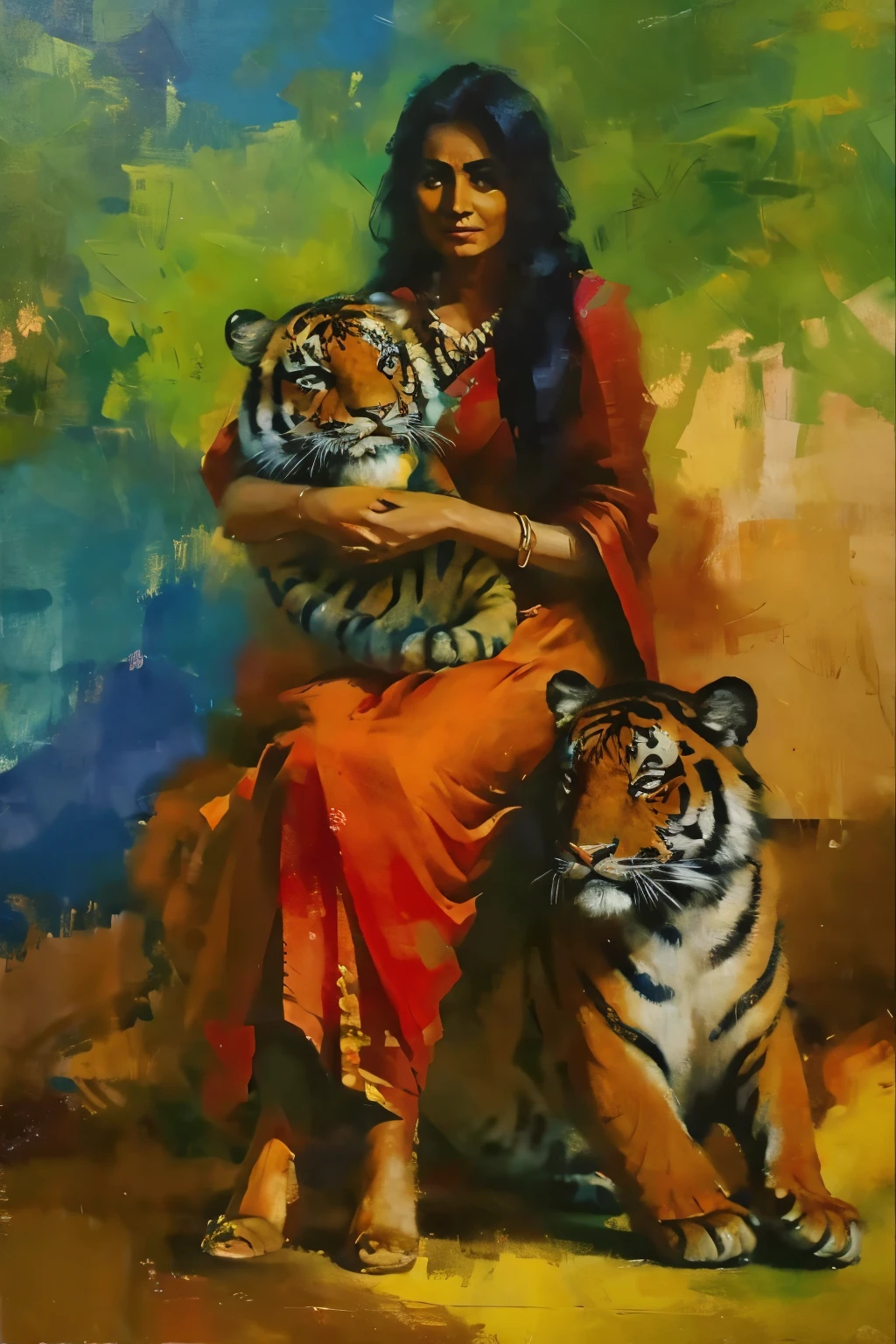 abstract expressionist Oil painting of a beautiful indian woman next to a tiger