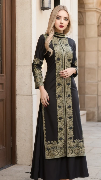  perfect face, red lips, green eyes, very super long blonde smooth hair, wearing a olive red islamic clothing with  Islamic engravings and decorations on all clothes, full body clothes 