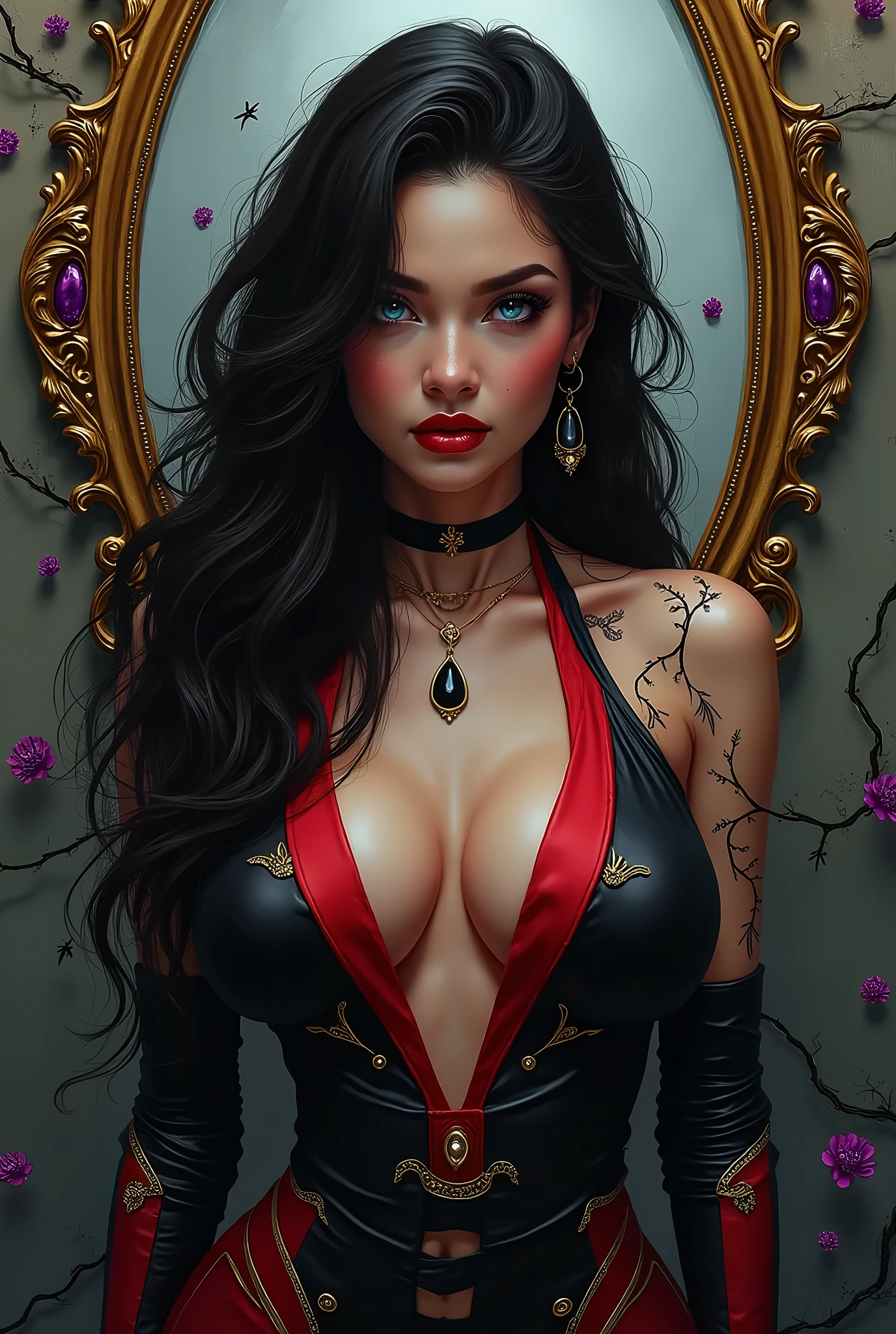 Red skinned demon pin up girl with wavy black hair, black horns and suggestive blue clothes, scars all over the body and several chains and roses around 