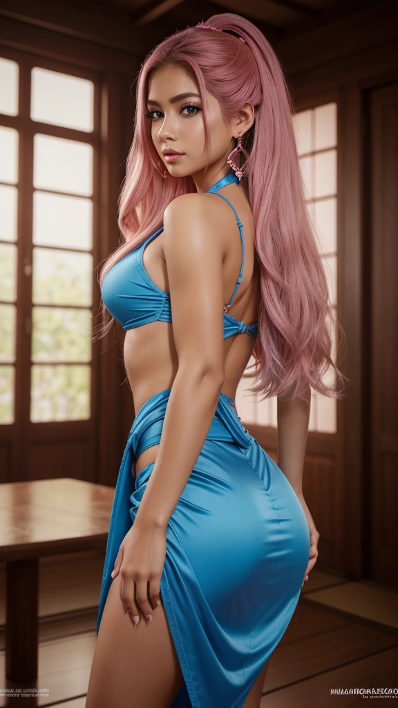 ultra realistic, wearing naked_kitchen_apron, 1 woman, young woman, big ass, big ass, long long hair, pink hair, Blue eyes, closed mouth with a slight smile, neckline, blush, make up, high quality, extremely beautiful image, 8k, 16k, Masterpiece