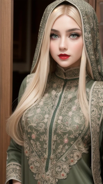  perfect face, red lips, green eyes, very super long blonde smooth hair, wearing a olive red islamic clothing with  Islamic engravings and decorations on all clothes, full body clothes , high face perfect quality 