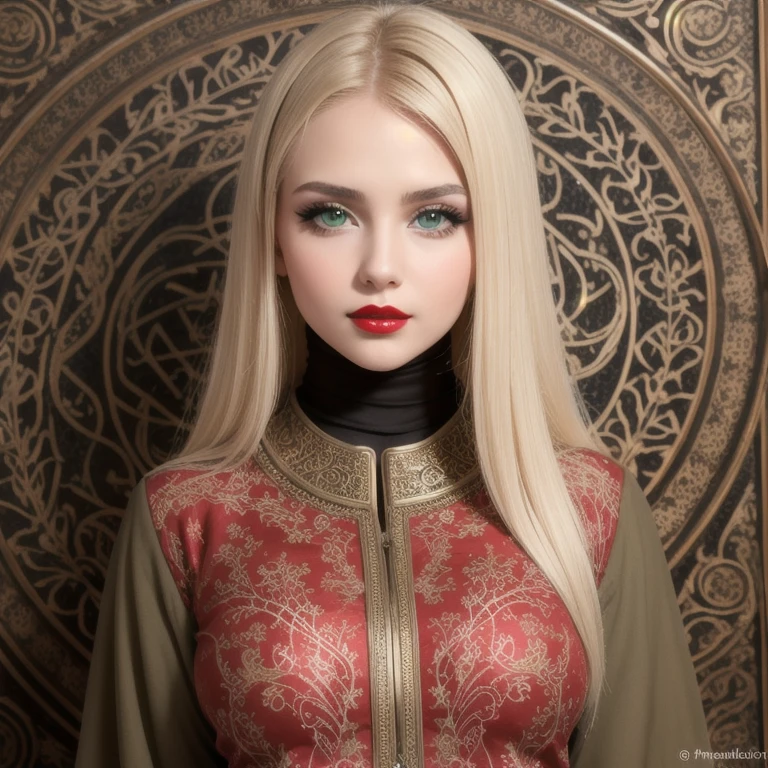  perfect face, red lips, green eyes, very super long blonde smooth hair, wearing a olive red islamic clothing with  Islamic engravings and decorations on all clothes, full body clothes , high face perfect quality 