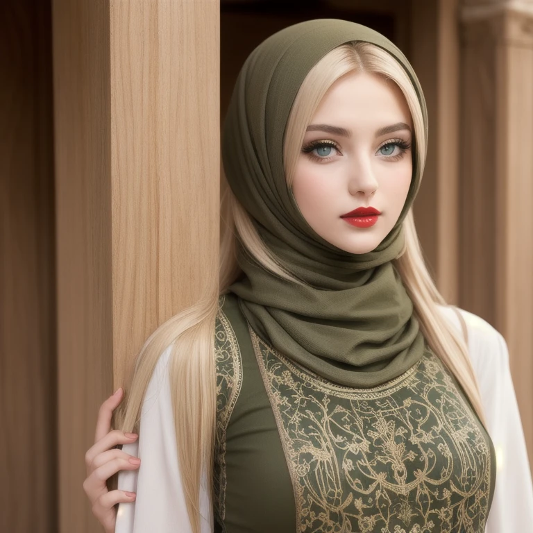  perfect face, red lips, green eyes, very super long blonde smooth hair, wearing a olive red islamic clothing with  Islamic engravings and decorations on all clothes, full body clothes , high face perfect quality 