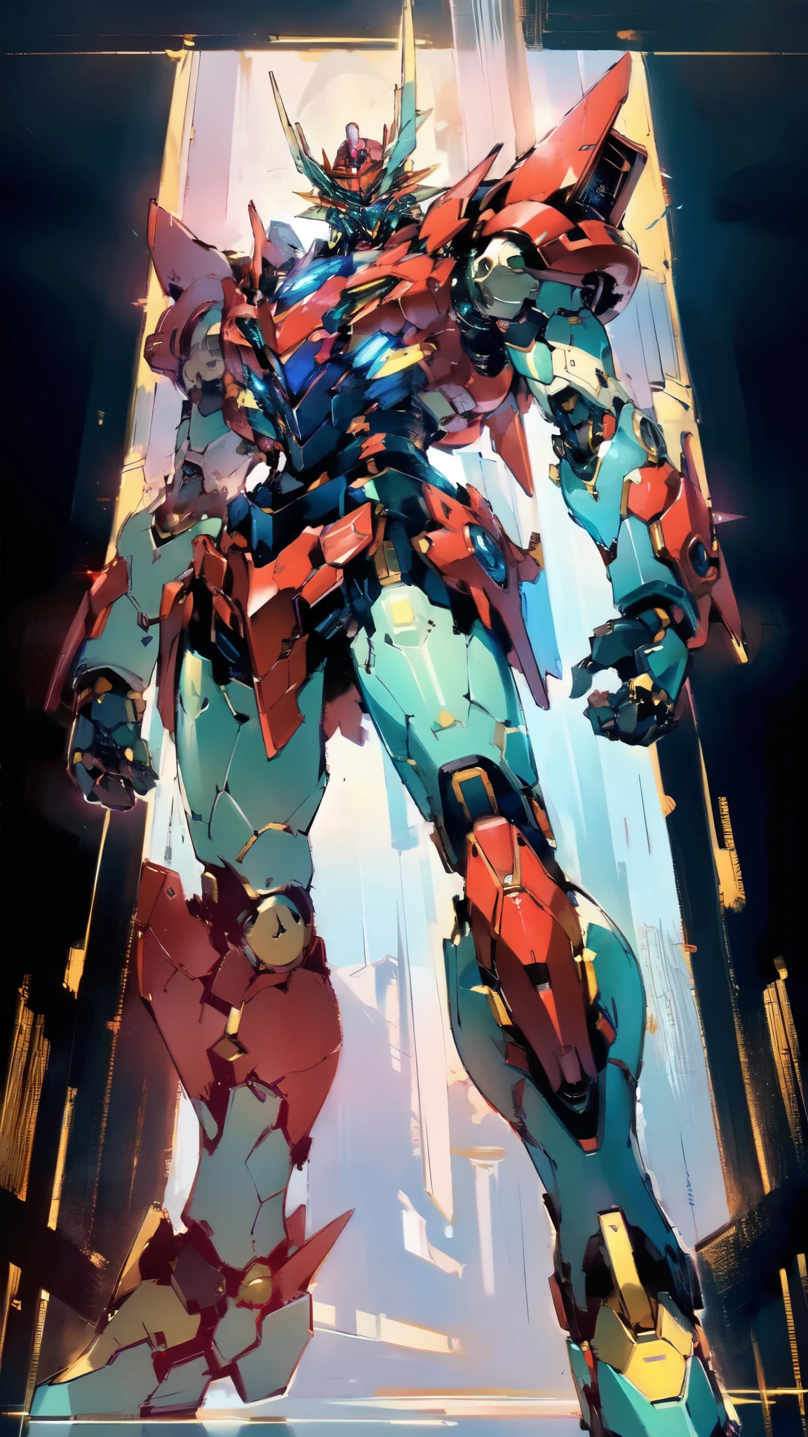 Eva 02, Eva, Evangelion Mecha, Science fiction, Look at the audience, (official art, best quality, Masterpiece: 1.2), illustration, high resolution, beautiful abstract background, futuristic, manga style