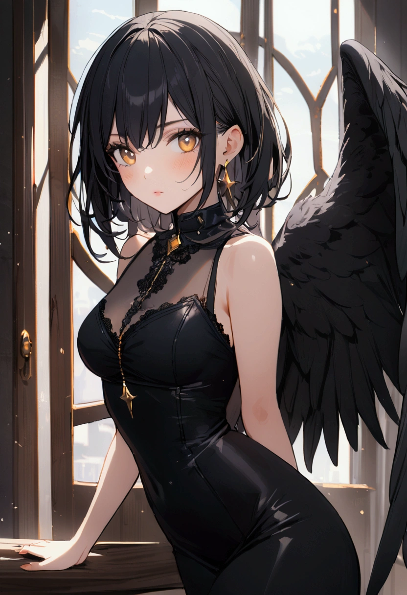 Full high, looks at the viewer, short black hair, beautiful hair, Perfect eyes, blood EYES, Light makeup, Lip make-up, seductive smile, Sub, masterpiece, details, saturation, cute face, Charm, 1 girl, Focus on the girl, lean slightly, in the medieval street, day, View from the rear, tatto on the face, dark wings, big wings, detailing wings