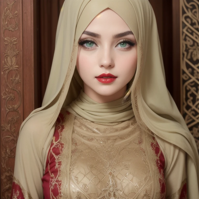  perfect face, red lips, green eyes, very super long blonde smooth hair, wearing a olive red islamic clothing with  Islamic engravings and decorations on all clothes, full body clothes , high face perfect quality 