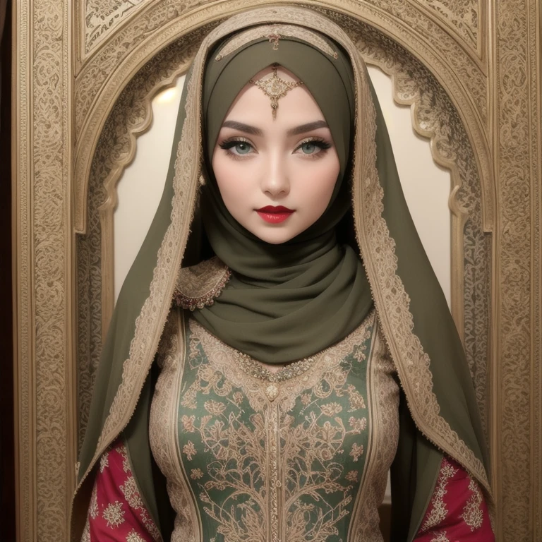  perfect face, red lips, green eyes, very super long blonde smooth hair, wearing a olive red islamic clothing with  Islamic engravings and decorations on all clothes, full body clothes , high face perfect quality 