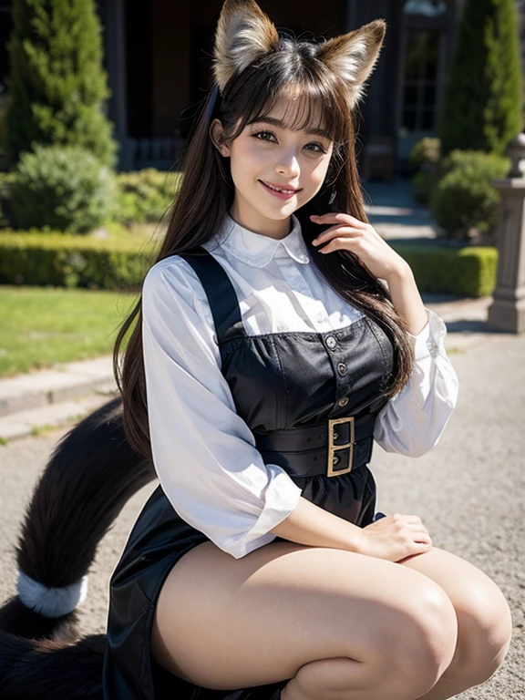 ((Highest quality, 8k)), ((masterpiece)), (Highest Resolution), Perfect Face, Woman with raccoon ears, Female college student, Beautiful woman, Outdoor, One tail, she has thick thighs, Her large raccoon dog tail, She has a brown raccoon tail, She wags her tail, Smiling with teeth showing, Fur collar, she is wearing a short skirt, Beautiful Hips , Raccoon tail sticking out of panties, Big Butt