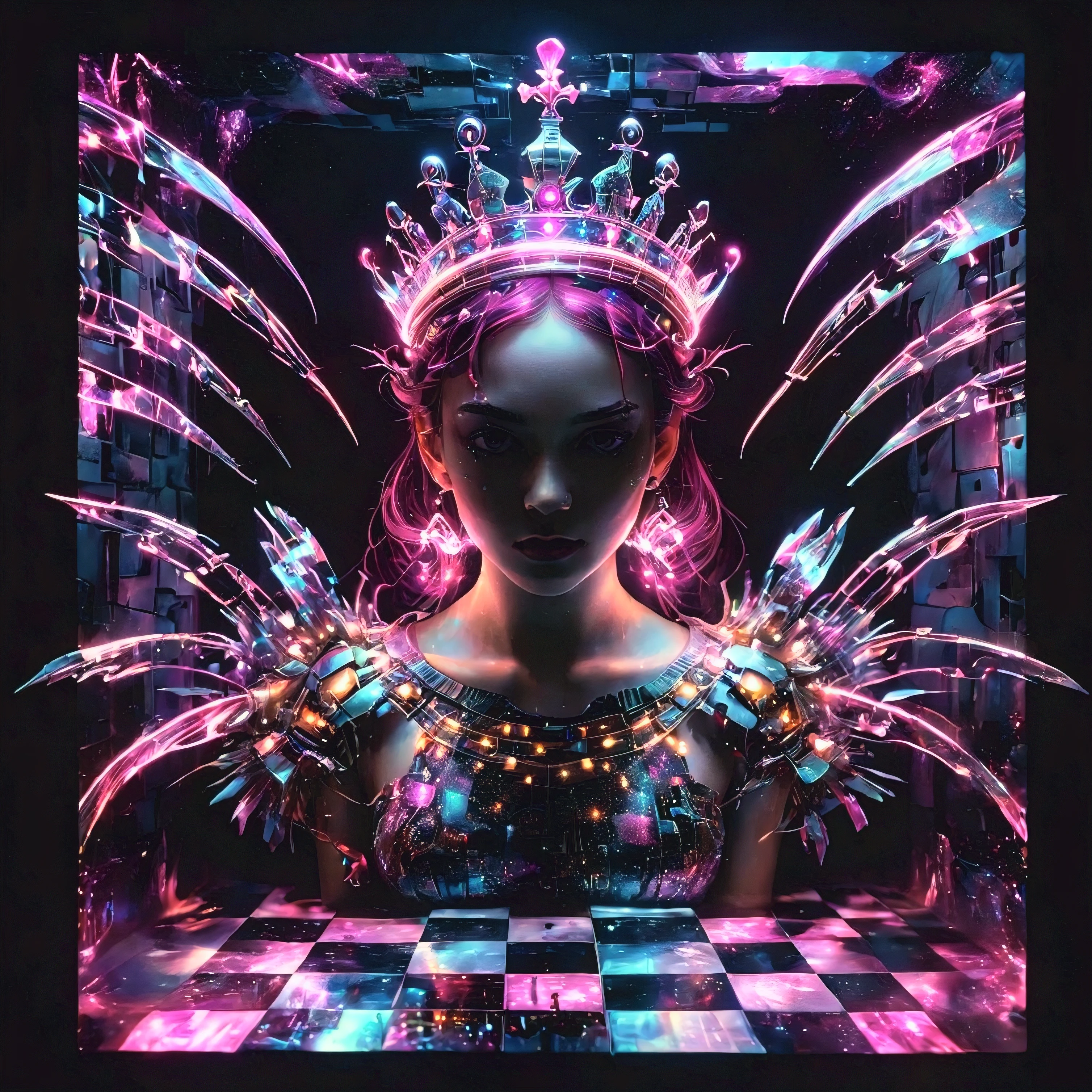 a close up of a woman with a crown on her head, epic 3 d glitchcore girl, the queen of blades, glitched fantasy painting, surreal chess, dreamy psychedelic anime, glitchpunk girl, elaborate digital art, surreal psychedelic design, abstract occult epic composition, magenta lighting. fantasy, alice in wonderland cyberpunk