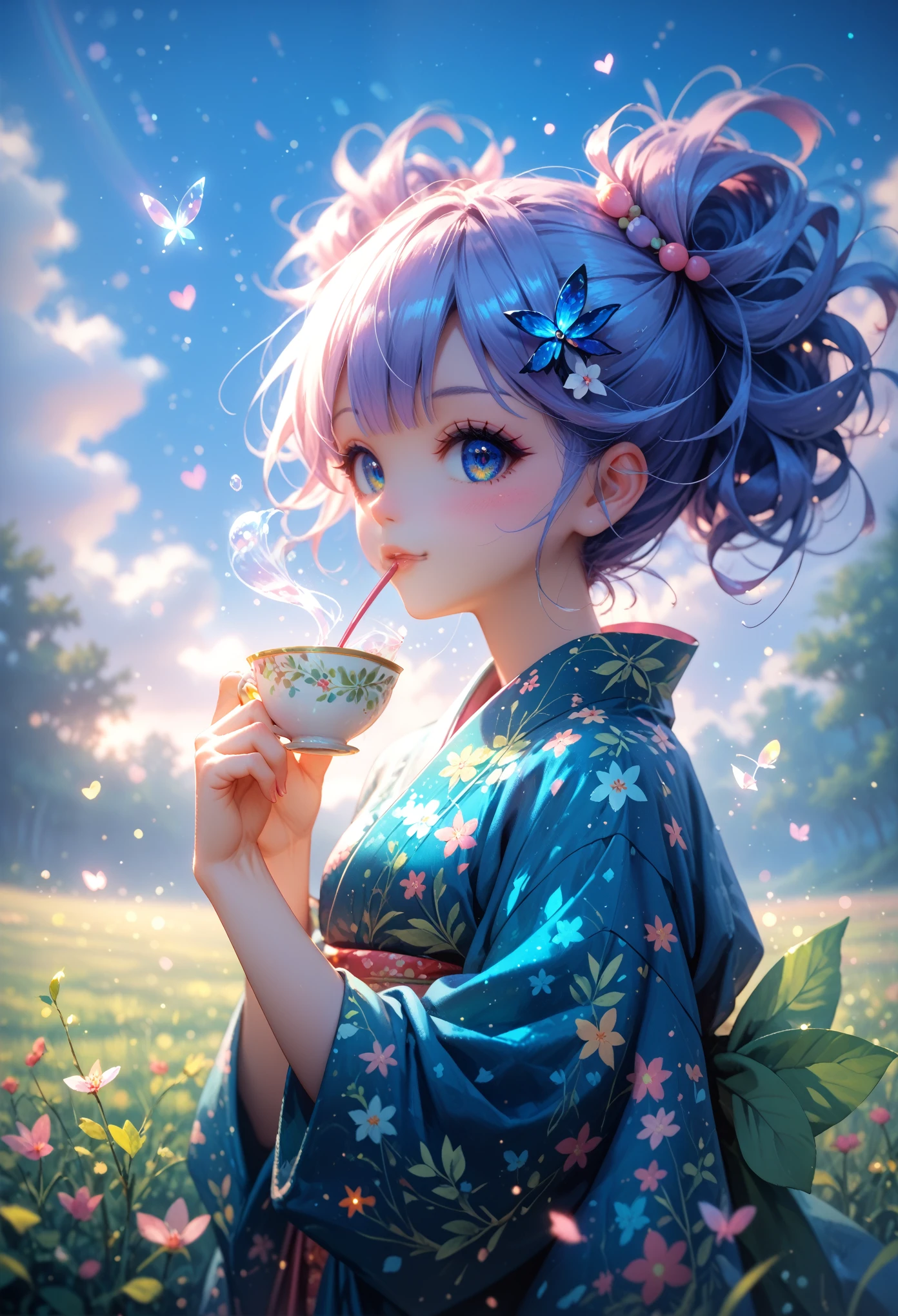 Fairy tale illustration by Reiko Ikemura, Pixabay, simple art, full color illustration, cute fairy tale illustration, picture book illustration, illustration, Girl picking tea in Hayao Miyazaki style, in field, kimono