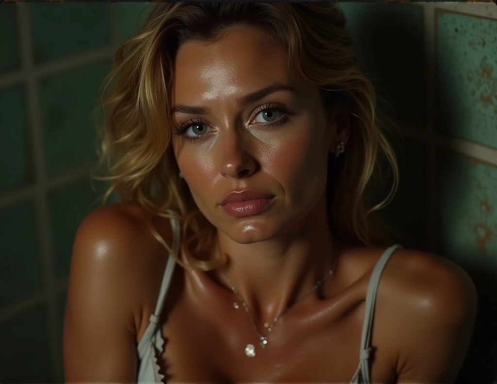 realistic portrait of a 45-year-old woman, fit, blonde hair, perfect body, bathing in a shower, late afternoon light, side light, natural breasts, transparent white lingerie, close portrait, details, brunette, symmetrical body, perfect face, perfect lips, body photo, golden chain, golden jewelry, sensualizing, looking at the viewer, best quality, 8k, 32k, masterpiece, UHD, shot on Canon, 85mm, shallow depth of field, maximum detail, real life, ultra realistic, photorealism, photography, natural