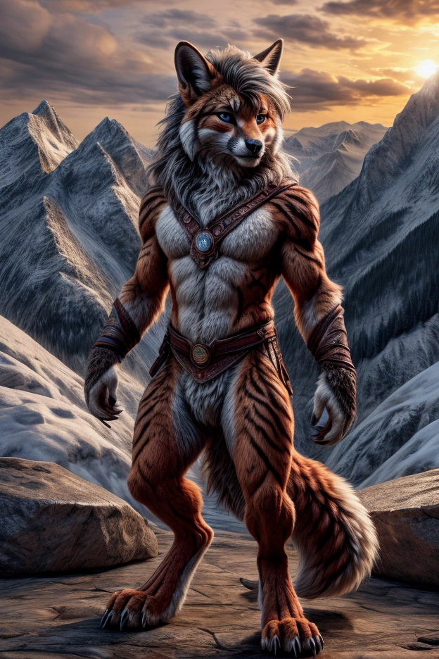 Full body, Bengalfuchs, Male, is standing, Fuzzy, Front view, with mane, Claws on fingers and toes, very detailed fur, in the mountains, highest quality, photorealistic, high resolution, visually breathtaking (Detailed lighting)