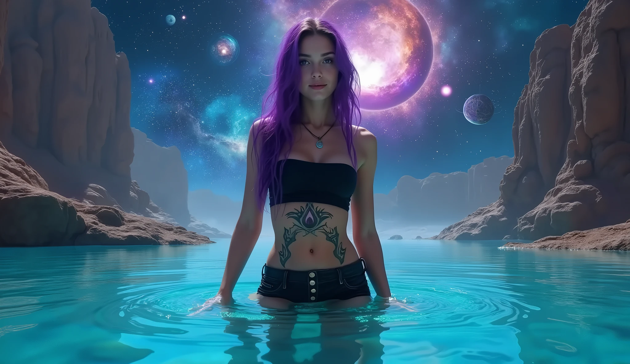 cosmos. a scantily clad woman orbits the Earth, the moon and stars visible