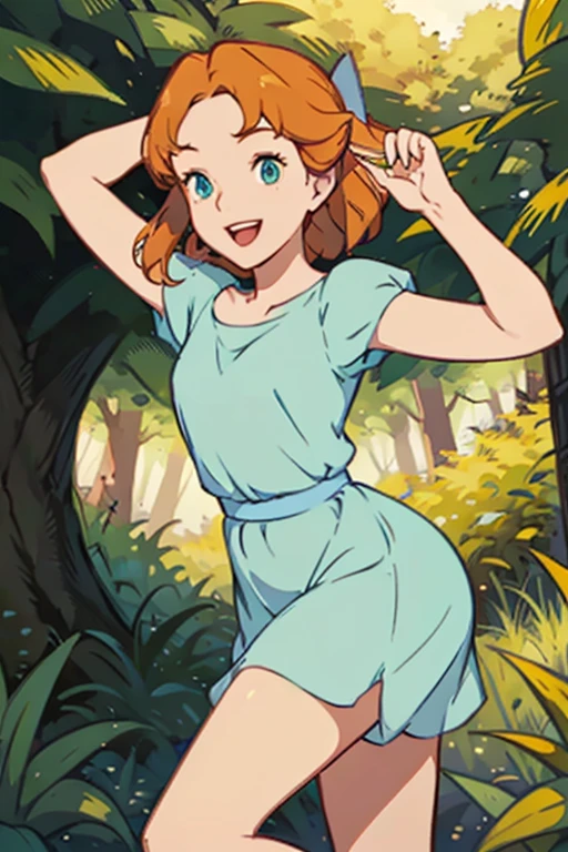 Smiling cheerful Wendy Darling Disney's Peter Pan with very long down loose hair down to her hips in the forest on a hot sunny summer day