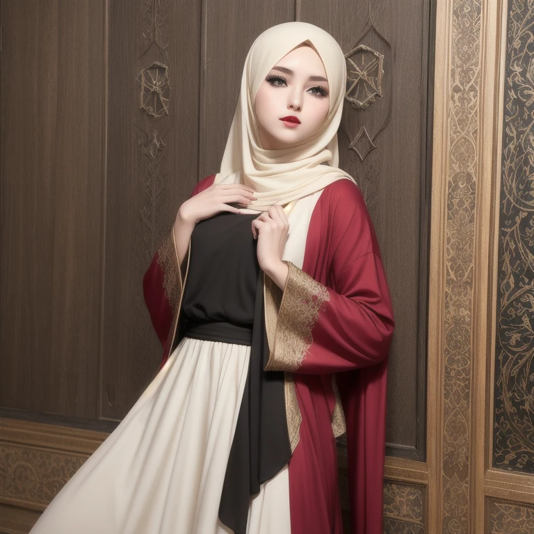  perfect face, red lips, green eyes, very super long blonde smooth hair, wearing a olive red islamic clothing with  Islamic engravings and decorations on all clothes, full body clothes , high face perfect quality , anime proportions, good proportion 