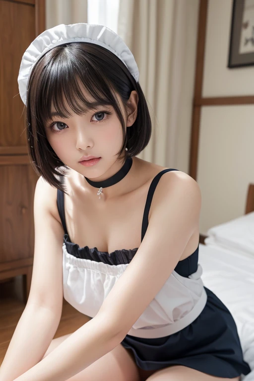 (nsfw:1.3), (blush, nervous look:1.26)、Raw photo、(((Ultimate beauty full body photo shoot)))、((glowing skin))、1 girl、 big breasts、young、young顔、bright look、detailed face、((black haired、short cut hair:1.2))、View from the floor、((Maid clothes:1.5))、(sleeping in bed:1.2)、counter point shot、((Super detailed))、(完璧にdetailed face)、(fine hands)、(finger details)、(good human structure)、A photorealistic masterpiece、最high quality、Super detailed、film light、intricate details、High resolution、very detailed))、detailed background、8KUHD、Digital single-lens reflex camera、soft light、high quality、film grain、Fujifilm XT3 、shallow depth of field、natural soft light、Kamimei、bedroom