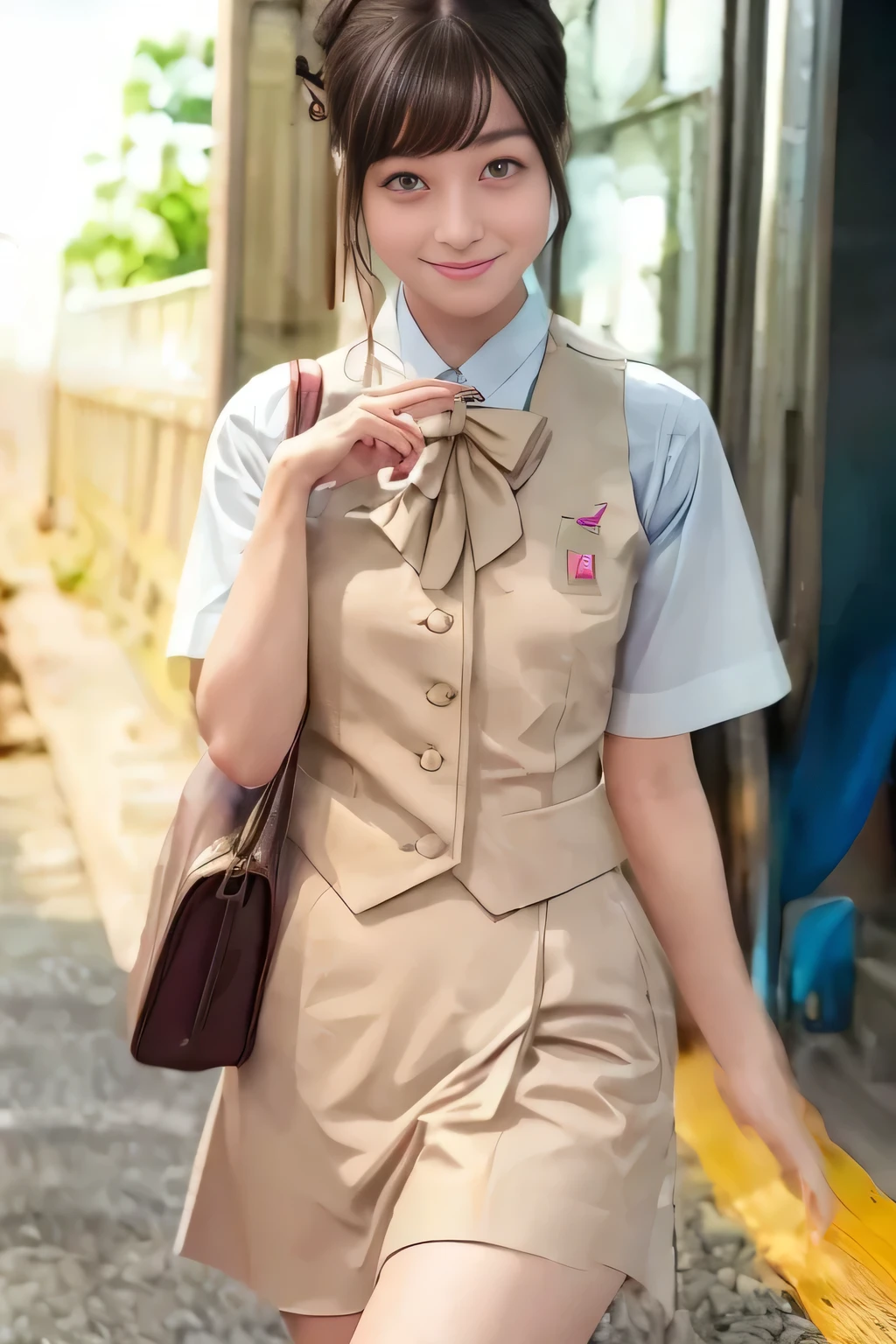 (masterpiece:1.2, Best Quality:1.2), 32K HDR, High resolution, (Alone、1 girl)、（On the roof of a building during the day、Professional Lighting）、Building rooftop background、（Real style of JR Woman wearing train crew uniform beige）、（（JR Female Train Crew Uniform Beige Light Blue Blouse Short Sleeve 、 Knee-length culottes skirt、Beige vest、scarf））、Dark brown hair、（Long Hair、Hair tied up、Hair tied up）、Dark brown hair、Long Shot、Big Breasts、Thin legs、（（Great hands：2.0）），（（Harmonious body proportions：1.5）），（（Normal limbs：2.0）），（（Normal finger：2.0）），（（Delicate eyes：2.0）），（（Normal eyes：2.0））)、smile、（JR Woman Train crew uniform beigeのKnee-length culottes skirtを見せた美しい立ち姿）、Hands down