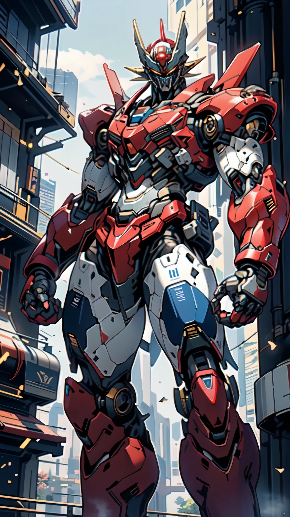 (masterpiece:1.5, best quality:1.5, extremely delicate:1.5), (male:1.5), humanoid Mecha, fully enclosed shoulder guards, matching arm and leg guards, full body, full armor, the design balances heavy with agility, (the color scheme is primarily White with Red and Blue accents, the concept Inspired by Mazinger Z, SRS), organic biotech armor, standing, floating high above the futuristic sci-fi city, exquisite and mature art style, (aura effect, glowing eyes, the armor glows), metallic, dramatic, high definition, highres, ultra-detailed, ultra-fine painting, professional, perfect body proportions, anatomically correct, symmetrical face, extremely detailed eyes and face, high quality eyes, creativity, RAW photo, UHD, 32k, Natural light, cinematic lighting, masterpiece-anatomy-perfect