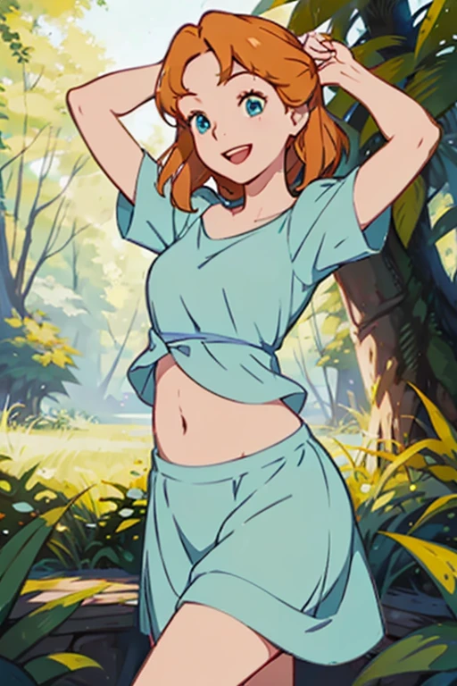 Smiling cheerful Wendy Darling Disney's Peter Pan with very long down loose hair down to her hips in the forest on a hot sunny summer day