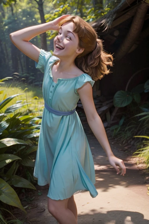 Smiling cheerful Wendy Darling Disney's Peter Pan with very long down loose hair down to her hips in the forest on a hot sunny summer day