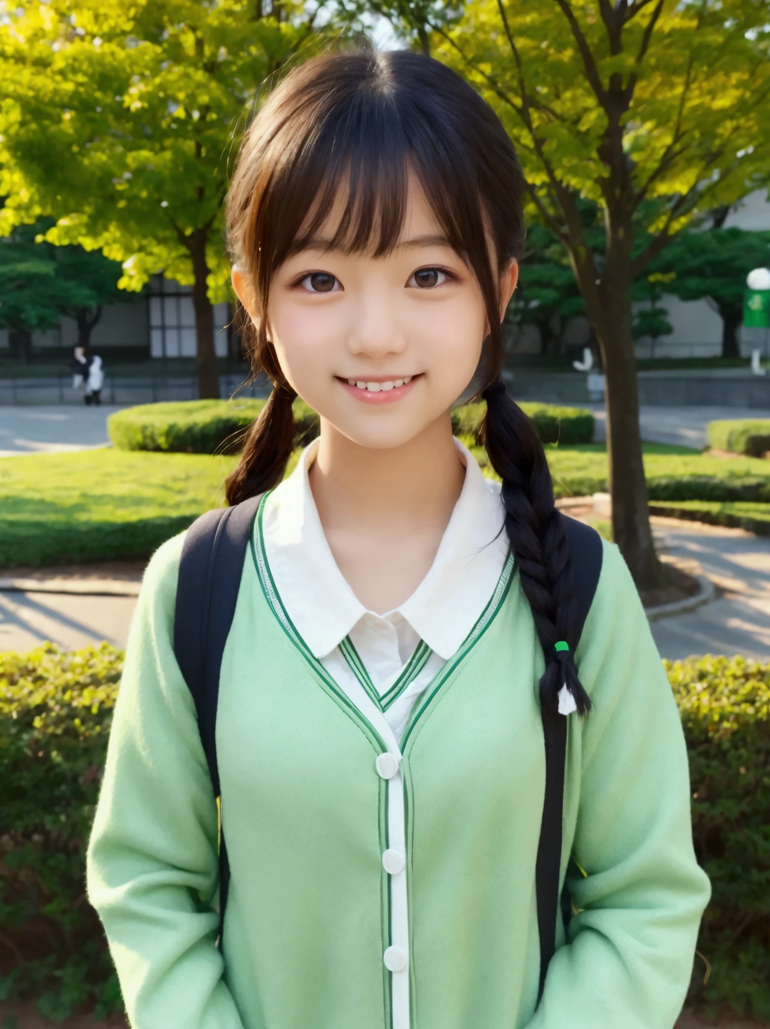 (japanese hight school uniform), Lens 135mm f1.8,(Best Quality),(masutepiece:1.1), (Beautiful Japan girl), Cute face, ((flat chest)), (Small breasts), (Chiseled face:0.7), (hitornfreckles:0.6), Cute lips, Dramatic Lighting, Dynamic lighting, {Smile|Smile|Happy|Laugh|}, {beautiful thigh|}, Junior highs, Dutch braid, beautiful thigh, Schools、Classroom、Braids、