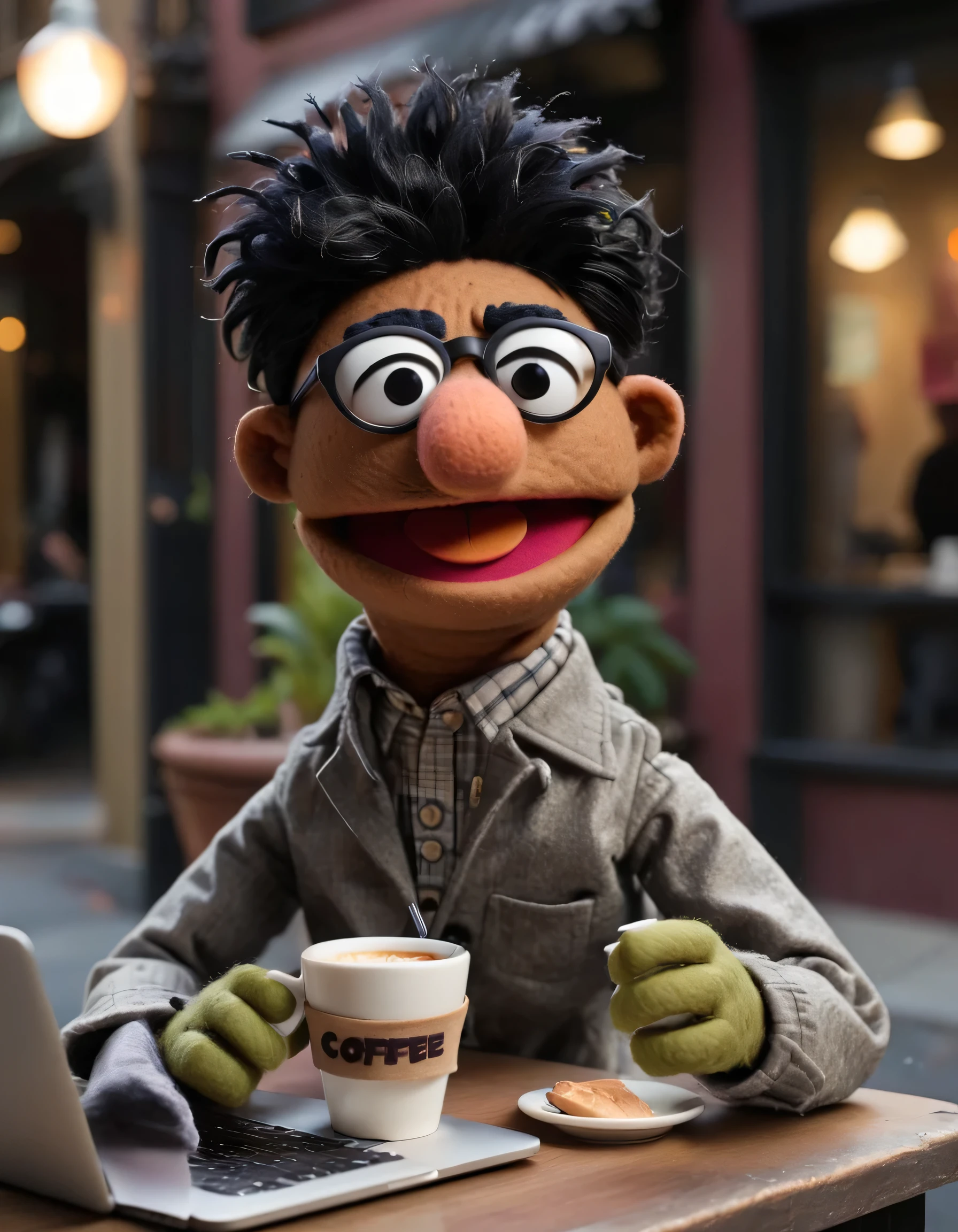 in a felt puppet world style,  a muppet movie scene,an graphic designer with black hair pompadour, black, latin skin tone in face and hands, glasses working in her MacBook pro and take a coffee captivating the neighborhood.