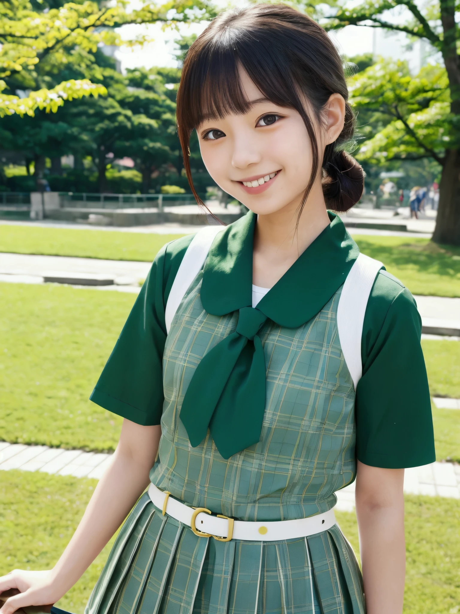 masterpiece、highest quality、８K、Japanese、11 years old、An attractive and well-groomed face、beautiful girl、Flat chest、(uniform:White and green)、Full body description、Well-formed eyes、sit、An attractive and well-groomed face、Detailed eyes、Detailed nose