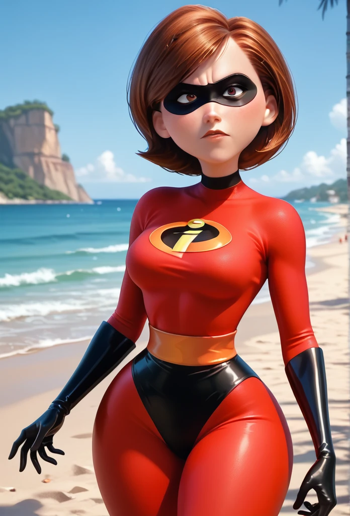 score_9, score_8_up, score_7_up, score_6_up, score_5_up, score_4_up, rating_questionable, 1girl, Hel_enParr, superhero, eye mask, big hips, nice breasts, standing beach