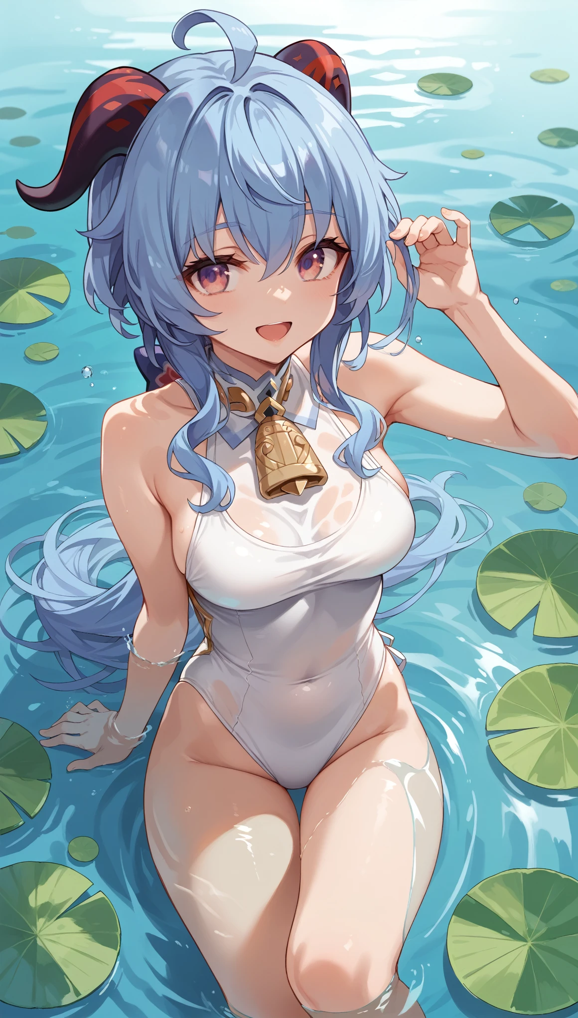 masterpiece，high resolution，Anime Art，Anime Numbers， 4k anime wallpaper，Radiant Skin，Soft Light，Solitary，Original God Ganyu，Happy expression，Half of the camera is submerged in water，White swimsuit，horns on head，Blue Hair，Gradient eyes