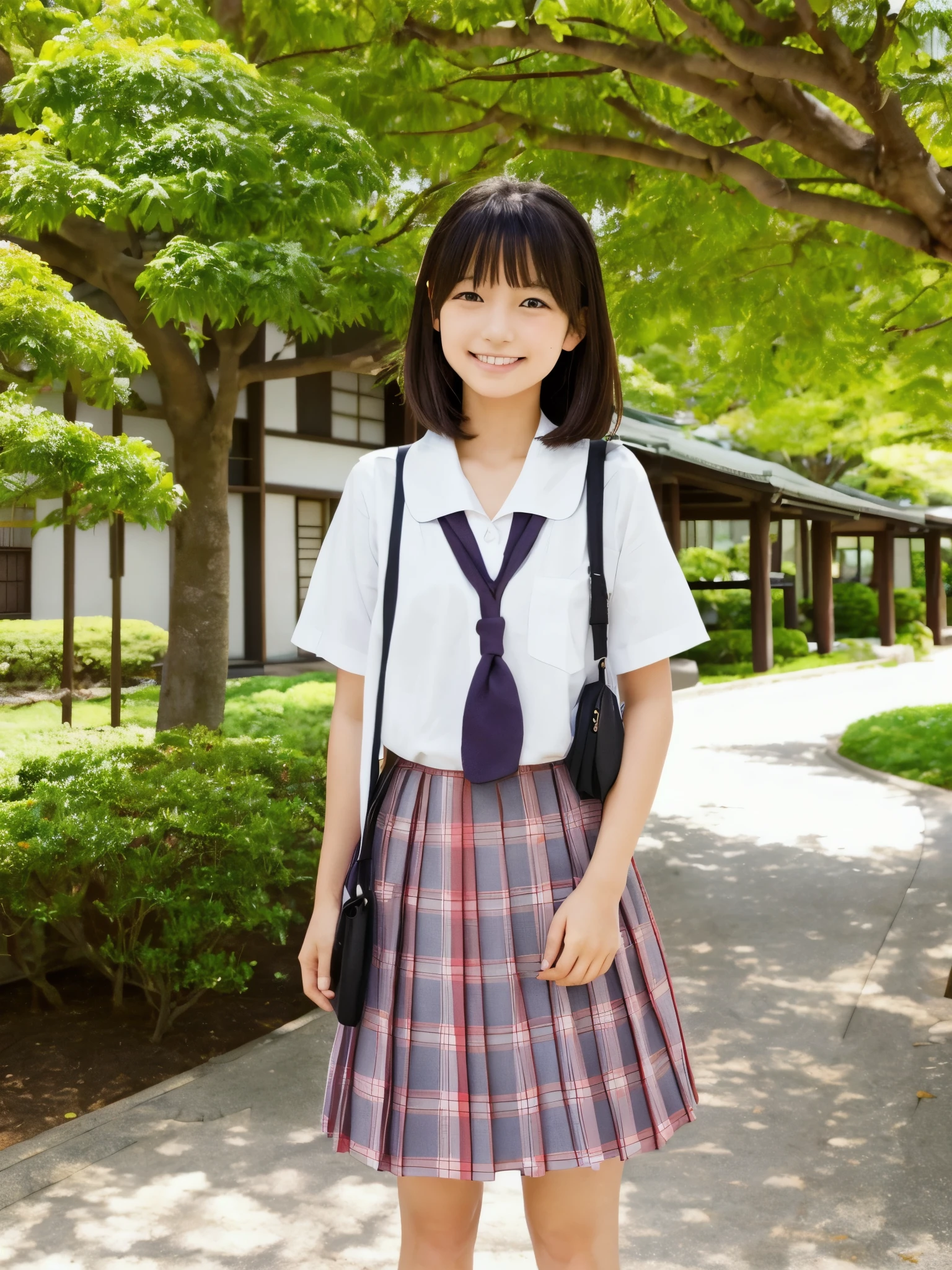 girls walking in old-Japanese street under cherry blossoms,long-sleeved navy blue school sailor shirt with red bow tie,navy blue pleated skirt,school bag,18-year-old,bangs,a little smile,thighs,knees,straight hair with barrette with white bow,from below,front light