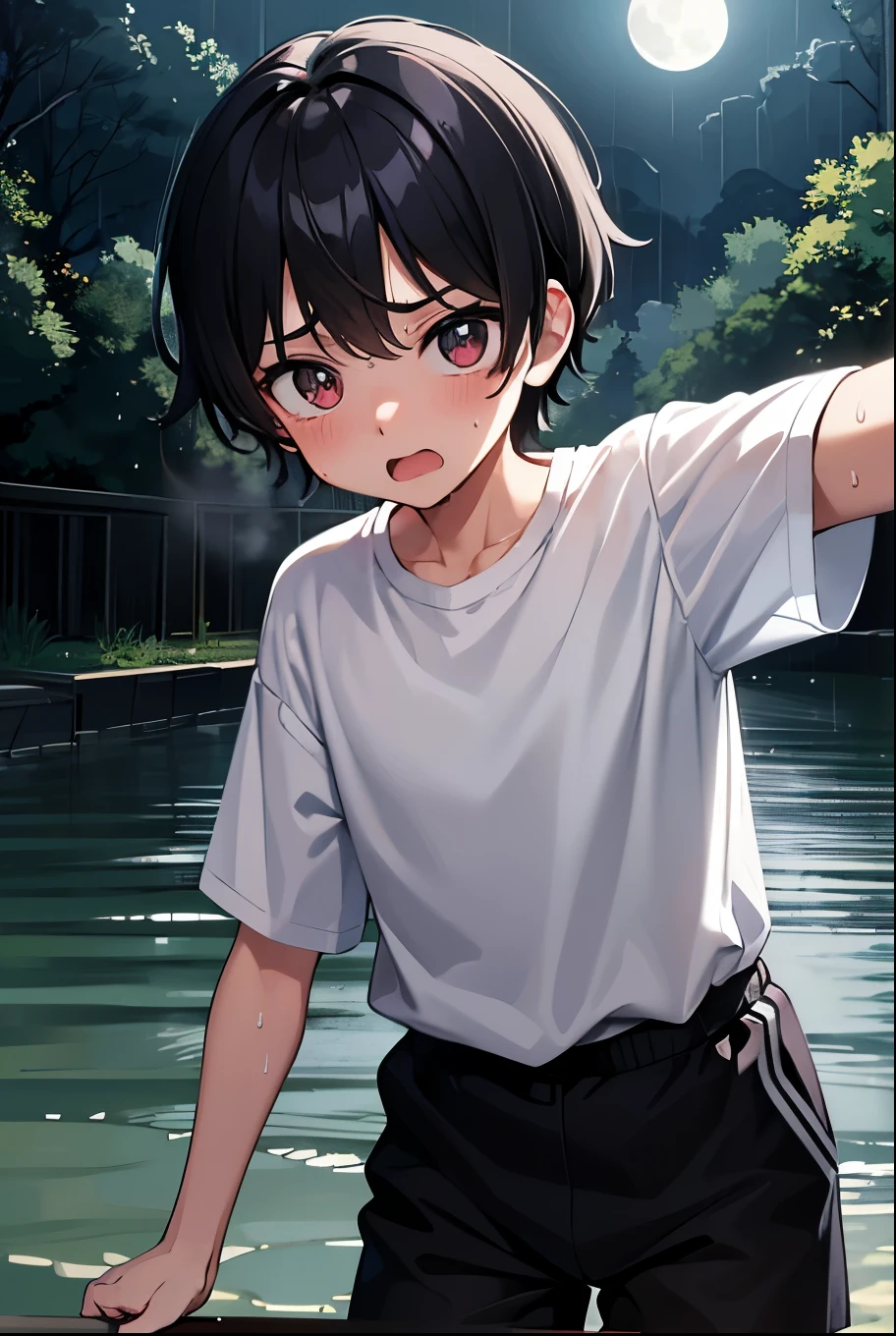 ((A male:1.2)), ((boy:1.2)), first-person view, upper body, cold light, blue_eyes, (black hair:1.2), hair_between_eyes, (Zaffre eyes color:1.1), (holding a dog robot toy:1.2), (white T-shirt:1.5), cool, looking_at_viewer, male_focus, short_hair, (the idealism of the future world:1.2), (clean background trending:1.5), rain, wet hair, styled with a captivating hairdo, accentuated with bangs and hair between eyes, highlighting his distinctive and stylish black and short hair, this dynamic composition expertly showcases his strong male focus, in a manner that captivates and intrigues viewers