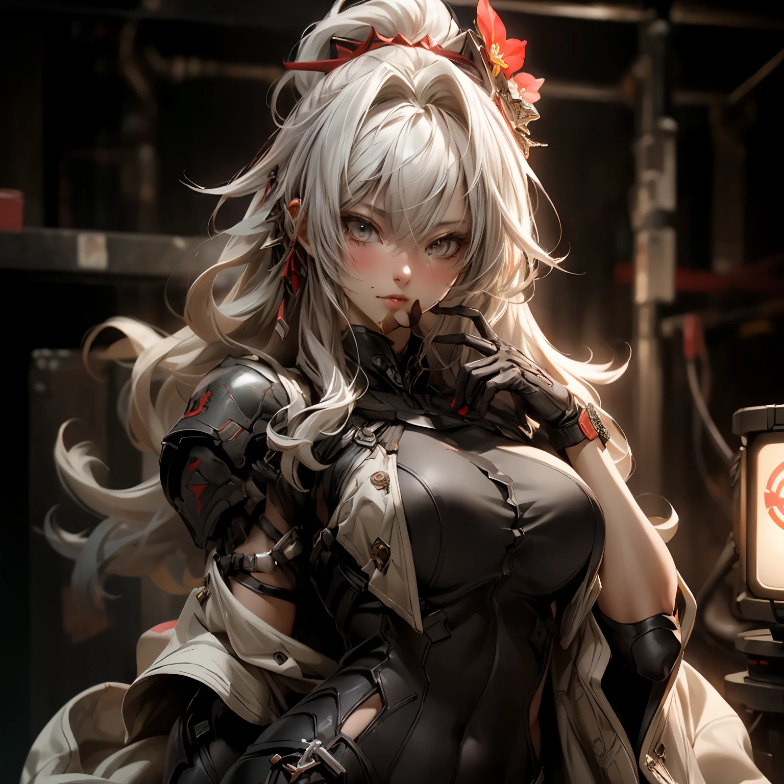 Beautiful face,Facing Japan, 1 woman, Curvaceous, (64 K, Raw photo, of the highest quality, masutepiece: 1.2), (Realistic, Photorealistic) (Tube attached to the body), (Bikini Cyborg Robot Parts), (Light gray hair), Long hair, Wavy Hair, Twin-tailed, medium shot, ( Seductive smile)), (Black eyes), Double eyelids, Princess Cut, From below, (Whole body),Posing,,In the laboratory,( Mechanical neck attached to mechanical vertebral neck attached to back with tubes connected to blood vessels)),(Wires and cables mounted on the head and body),(Character Focus),Science fiction,Perfect female figure,Perfect Anatomy, parfect anatomy, Full body shot, detailed fingers,Smooth skin, 1.mechanical girl, Depth of field focus f/2.8, (Ultra-realistic details)), contrast, shadow, Octane Rendering, 64k, Extremely sharp, Cleavage exposed, Rawhide, Exquisite decorative details, Japan Details, Very intricate details, realistic light, CG art Soation, Neon details, Small LED lights.
