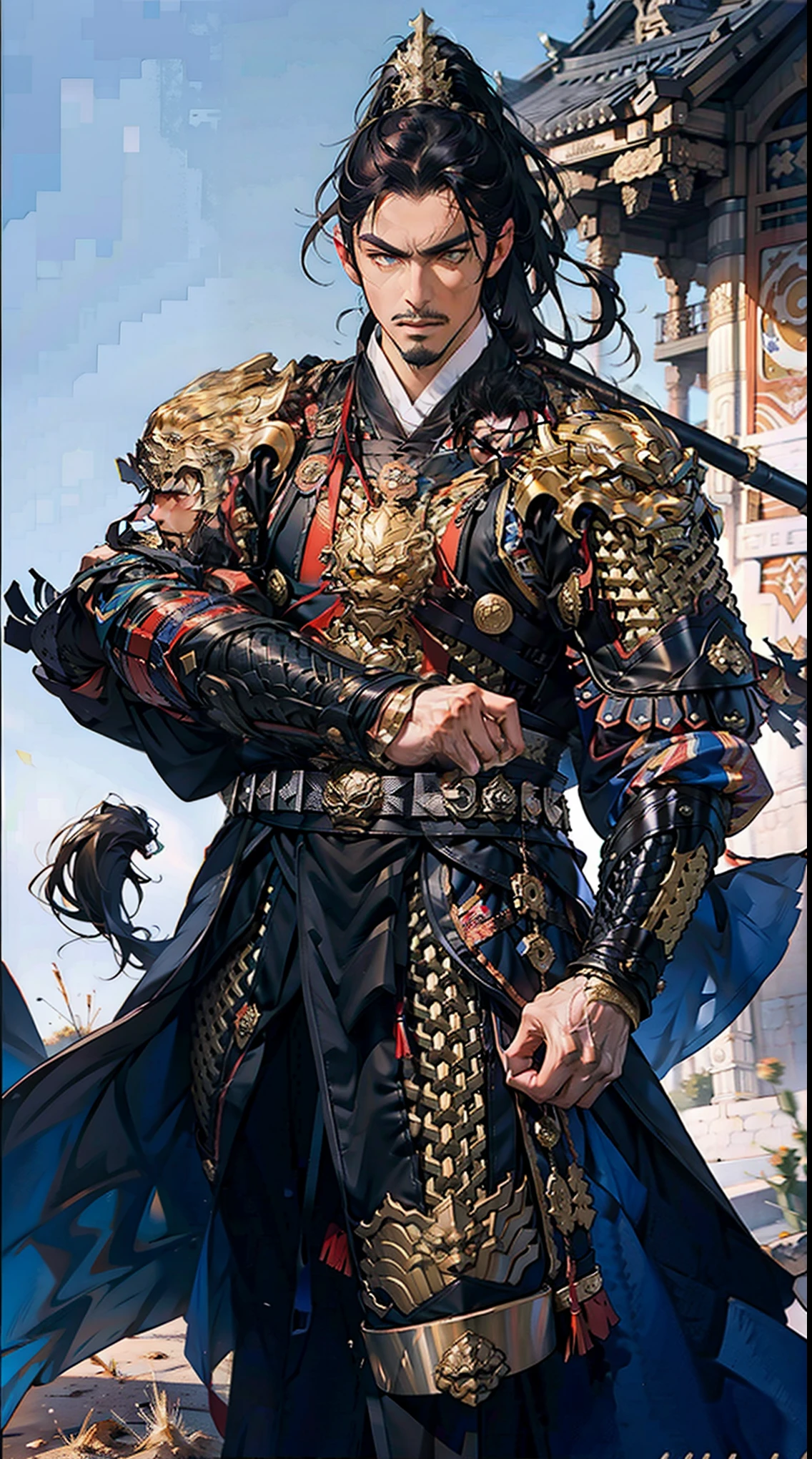 one person（Male Warrior），Correct proportions，Facial details，Rough，High Ponytail Hairstyle，Black robe，Clothing details，transfer，Long sleeve，Game quality，Ray Tracing，CG Rendering，Hair details，Black long hair，Golden Eyes，Tall and strong，Handsome，（The feeling of a mature man），Perfect composition，Refinement，high quality，More details，Lots of details