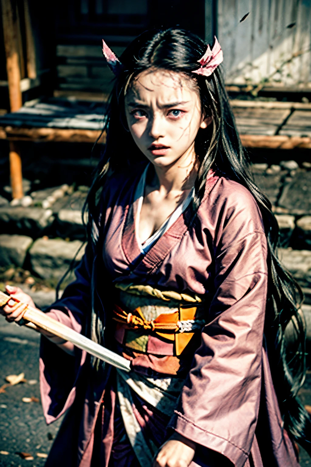 Still image from live action film 1989 dark fantasy, demon slayer, young nezuko face focus