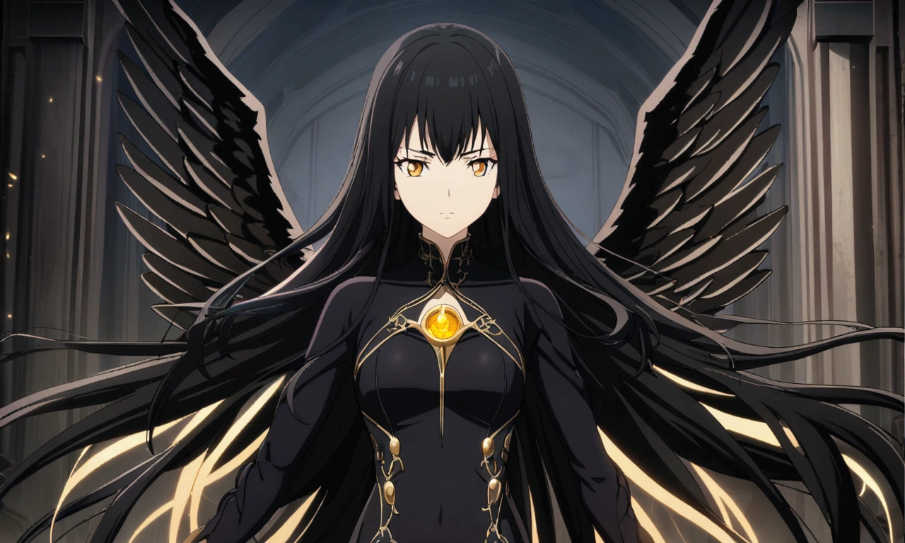 Dark yellow eyes, black hair, black maid outfit, 1girl, large breasts, light grin, 1girl, glassy eyes, hands behind back, arms behind bac, arms out of frame, arms behind back, hands out of frame, reflective eyes, eyes perfect details, glassy eyes, dark yellow eyes, silver corridor background, full body, black stockings, moon