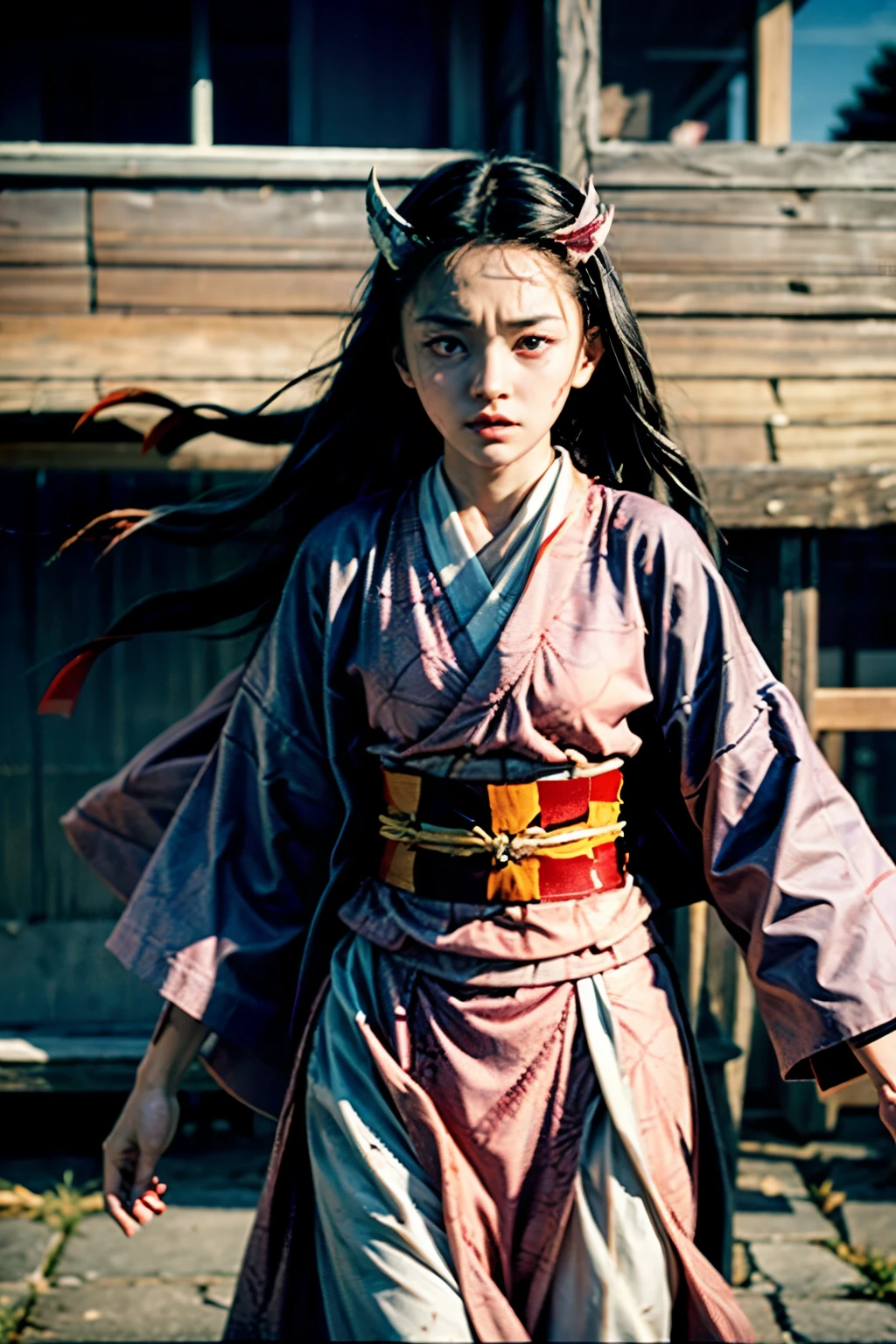 Still image from live action film 1989 dark fantasy, demon slayer, young nezuko face focus