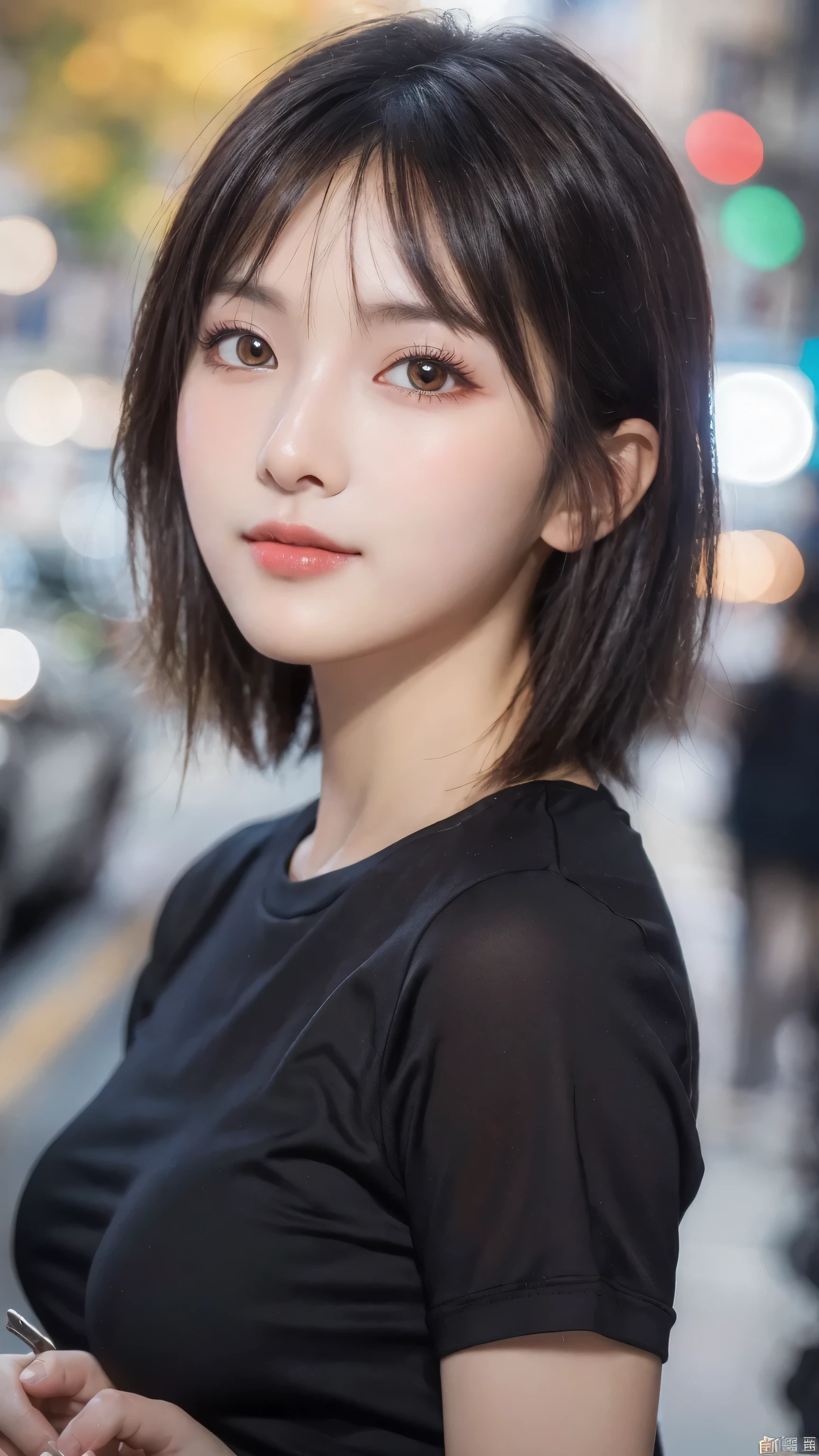 (8k, RAW Photo, Best Quality, Masterpiece:1.2), table top, Ultra Detail, Super Resolution, (Realistic, Realistic Photo:1.37), Portrait, High Detail RAW Color Photo, Professional Photo, Extremely Detailed and Beautiful, Extremely detailed, 8k wallpaper, amazing and detailed, huge file size, official art, highly detailed CG unity 8k wallpaper, highly detailed beautiful girl, highly detailed face, highly detailed eyes, highly detailed skin, highly detailed fingers, highly detailed nose, very detailed detailed mouth , perfect anatomy, highly detailed background, highly detailed clothes, (1 girl in), cute girl, realistic body, fair skin, glowing skin , slim body, handsome body, black hair , semilong hair, (blunt bangs:1.2), smile, cute, youthful, cute face, realistic face, delicate eyes, drooping eyes, looking at viewer, facing front, standing posture, Contraposto, (large breasts), (Perfect Body Proportions), (slender Body Proportions), super sexy pose, (early fall fashion),