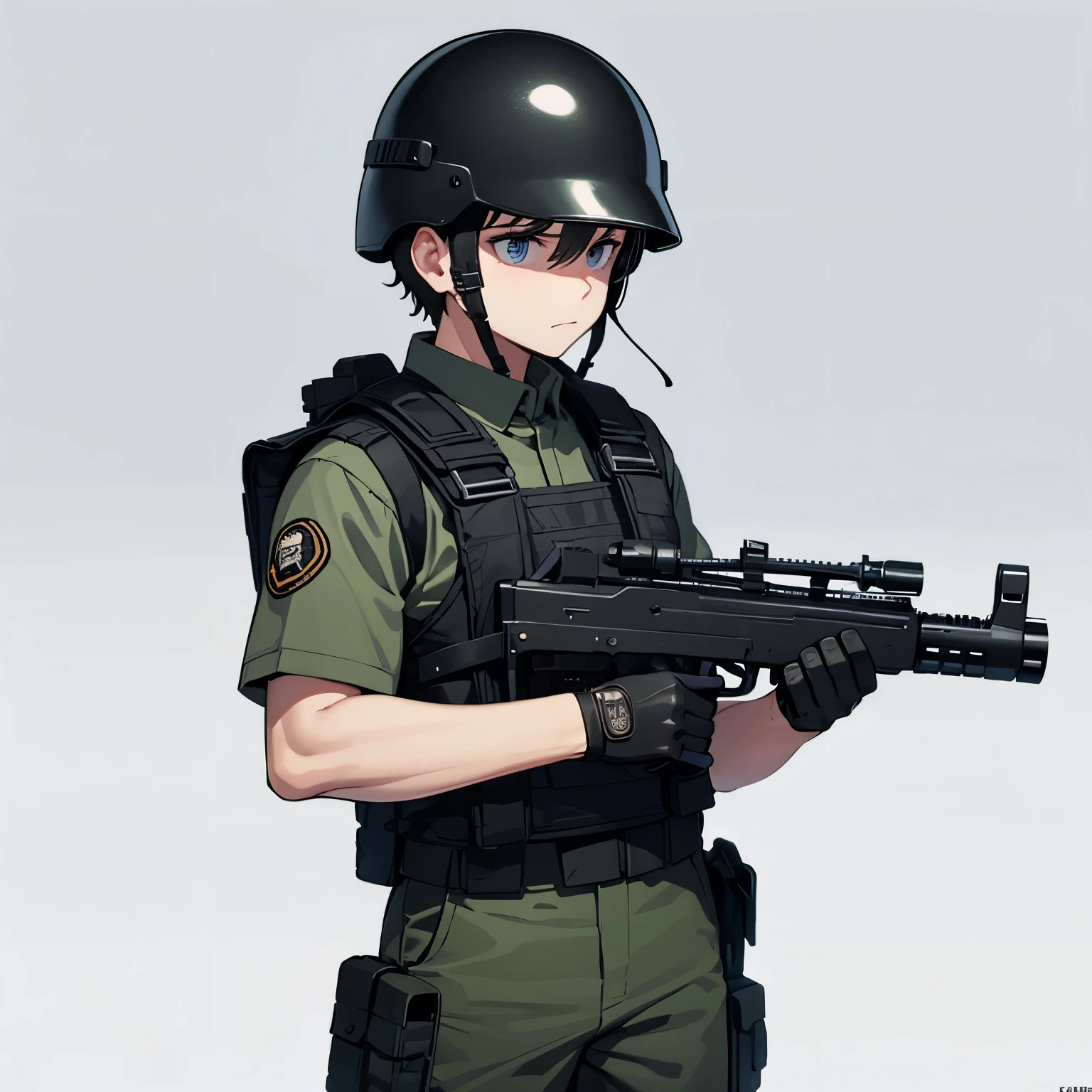 A male soldier, holding a rifle, looked at the audience, inside the prison, frowning