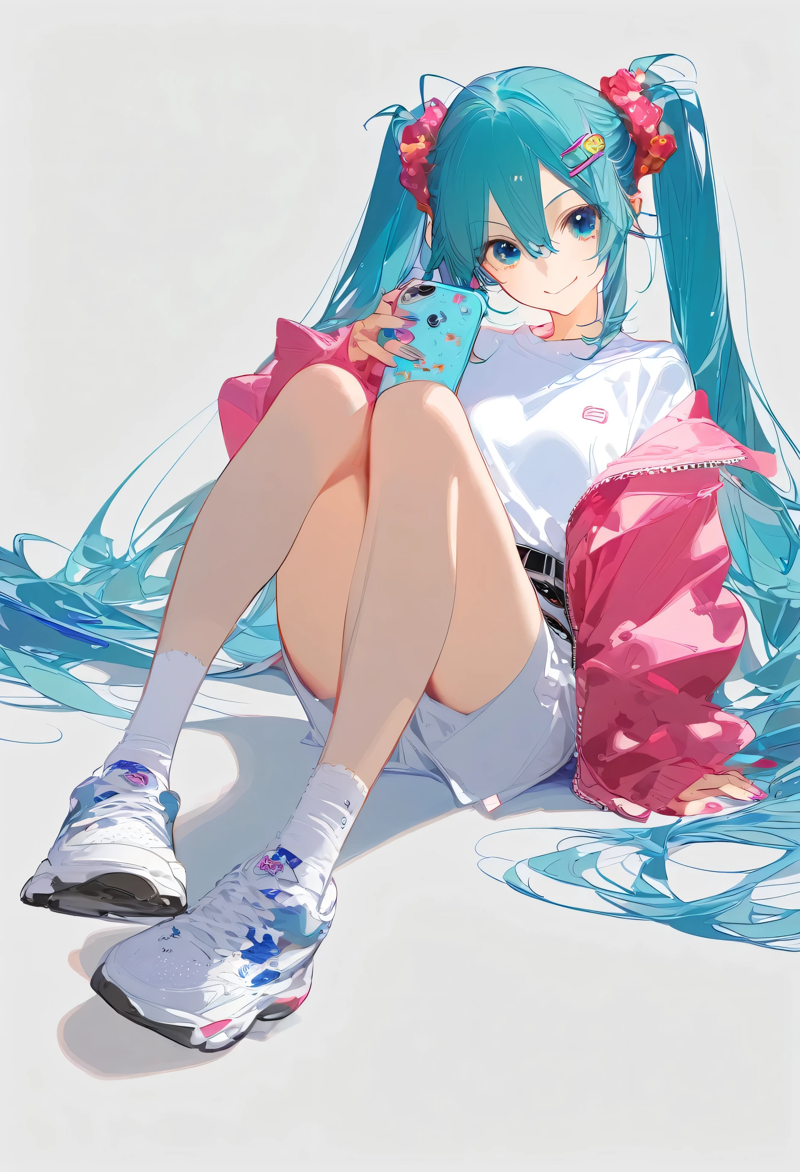 by yoneyama mai, One girl, Alone, Hatsune Miku, Long Hair, Twin tails, very Long Hair, Shorts, Sitting, White background</input></>, white Shorts, jacket, socks, shoes, looking at viewer</input></>, Tilt your head, sneakers, holding, Simple Background, whole body, Telephone, Scrunchie, white socks, belt, pink jacket, Blue Hair, nail, holding Telephone, shirt, blue eyes, 白いshoes</input></>, Hair accessories, cellTelephone, Mouth closed, Aqua Eye, smile, Hair between the eyes, Long sleeve, bangs, hair Scrunchie, Aqua Hair, Manicure, Alternative costume, short Shorts, white shirt, Clothing cutouts, smartTelephone