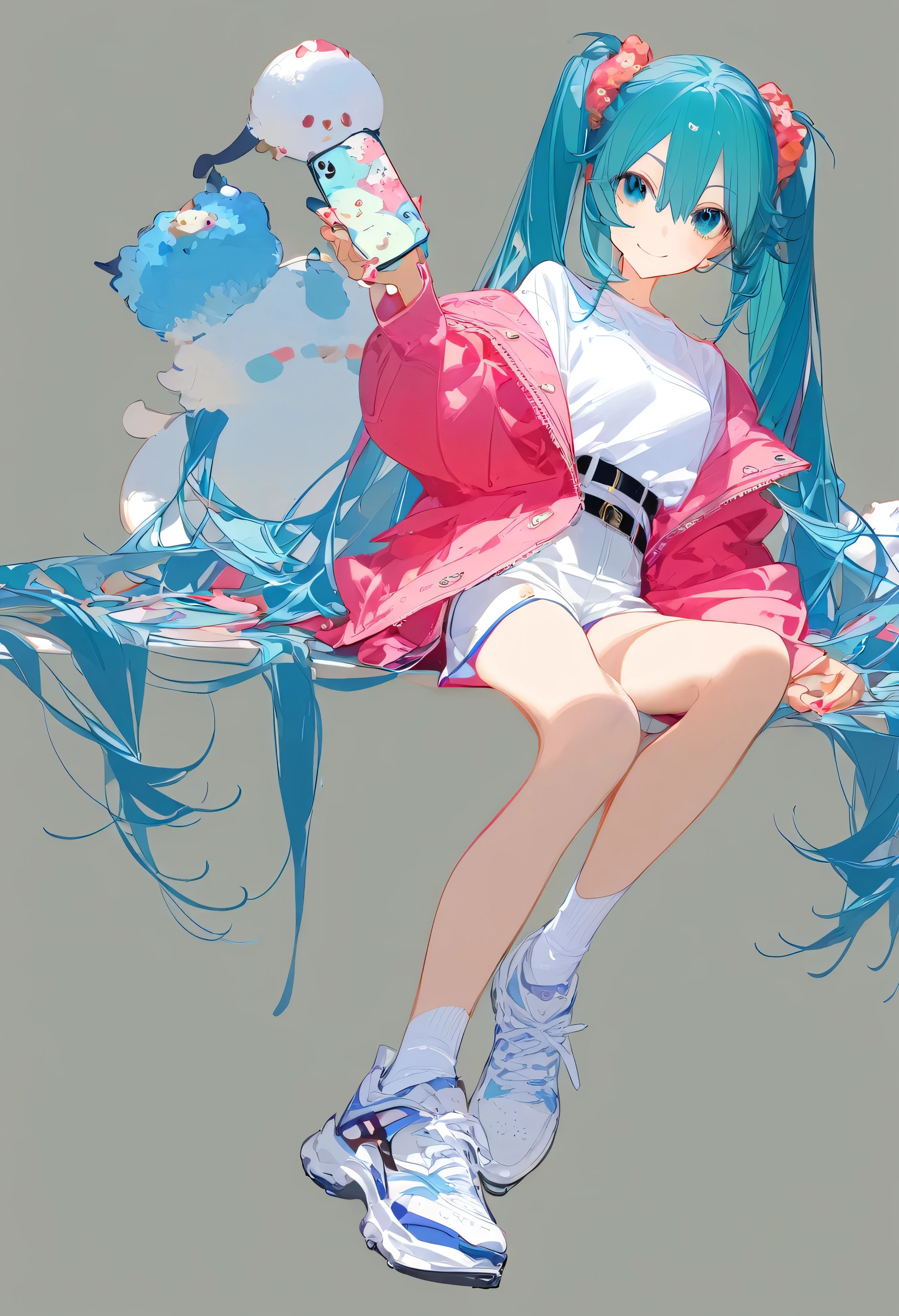 by yoneyama mai, One girl, Alone, Hatsune Miku, Long Hair, Twin tails, very Long Hair, Shorts, Sitting, White background</input></>, white Shorts, jacket, socks, shoes, looking at viewer</input></>, Tilt your head, sneakers, holding, Simple Background, whole body, Telephone, Scrunchie, white socks, belt, pink jacket, Blue Hair, nail, holding Telephone, shirt, blue eyes, 白いshoes</input></>, Hair accessories, cellTelephone, Mouth closed, Aqua Eye, smile, Hair between the eyes, Long sleeve, bangs, hair Scrunchie, Aqua Hair, Manicure, Alternative costume, short Shorts, white shirt, Clothing cutouts, smartTelephone