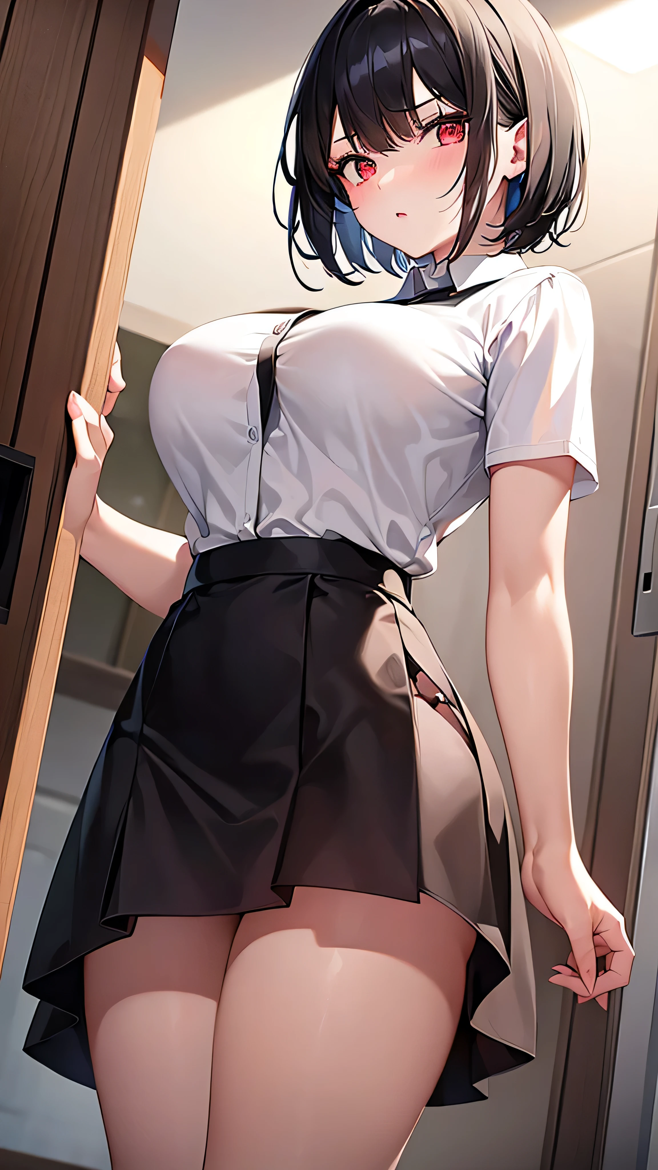 1girl, natural lighting, masterpiece, highly detailed, illustration, game CG, absurdres, high quality, aichan, large breasts, beautiful detailed eyes, detailed hair, glossy lips, blush, school, white shirt, black pleated miniskirt, collarbone, short ponytail, leaning forward, looking back back at viewer, silver hair, 