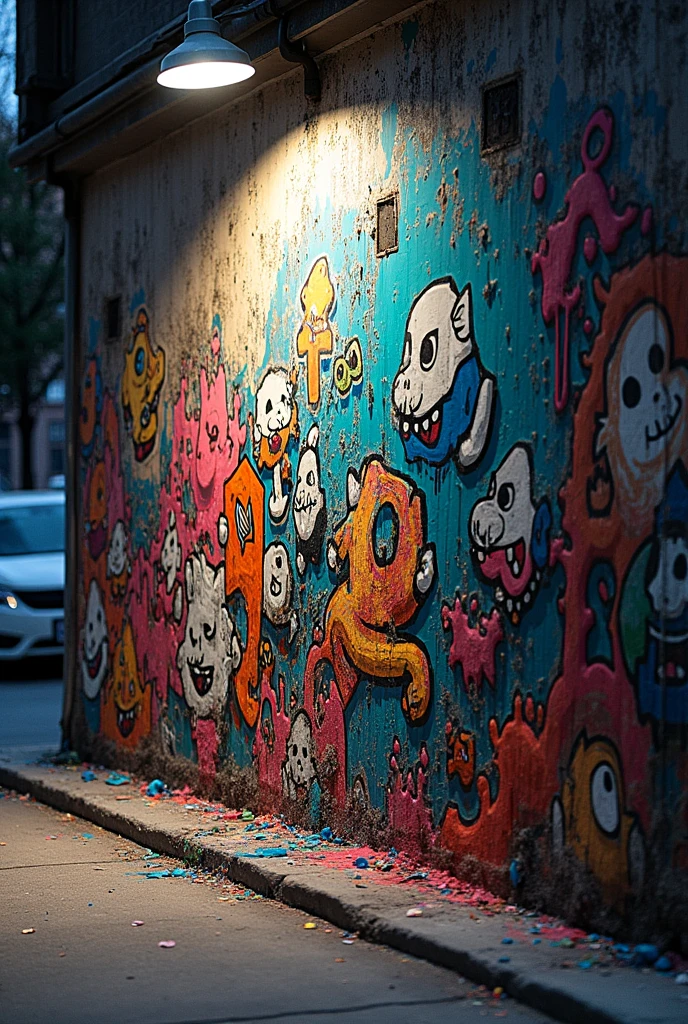 best quality, Clarity, 4k, 8k, detail, actual, Beautiful Girl, Korean makeup, Red lips, pink and blue hair, Perfect body, thigh, stand, pose standing, Pose dynamically for photos, big breasts, naked , Solid graffiti wall background, Graffiti art, naked, naked, naked.