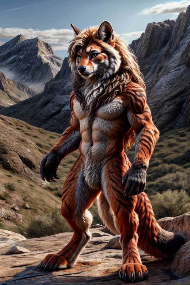 Spotted hyena, anthro, male, nude, ((black and gray body fur)), brown hair on head, brown goatee, solo standing, muscular, forest